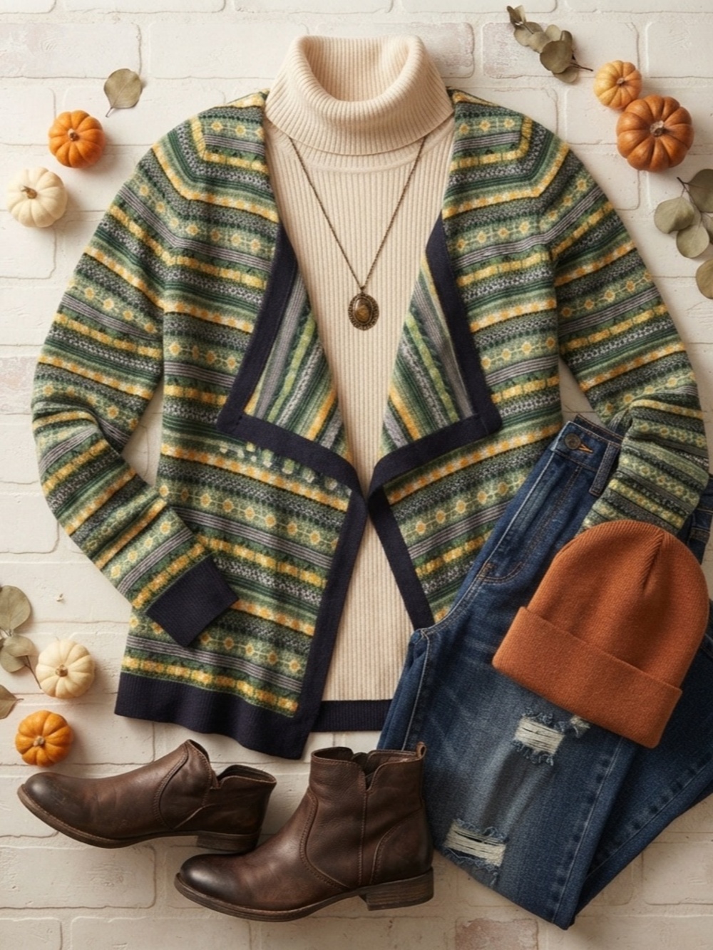 ONLY True Collection Boho Fair Isle Open Front Cardigan Green Small